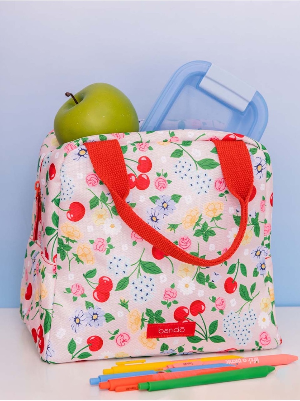 Pink Floral & Cherry Lunch Tote with Red Handles